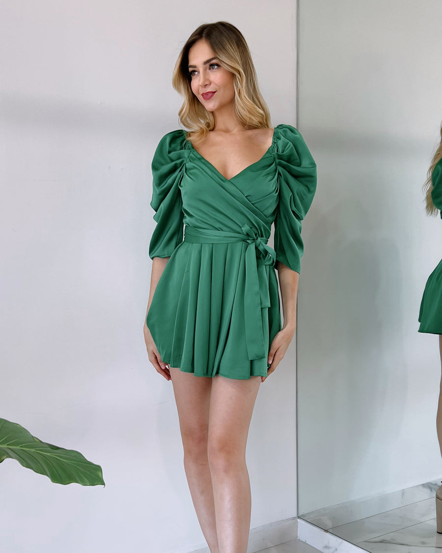Green Shoulder Pads Silk Romper