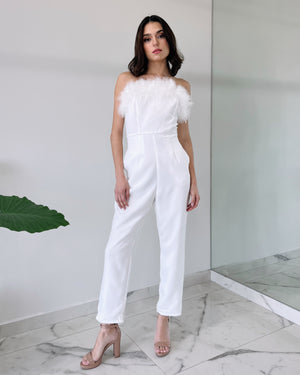 White Strapless Feather Jumpsuit