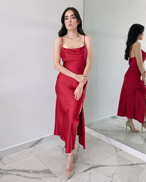 Red Silk Midi Dress