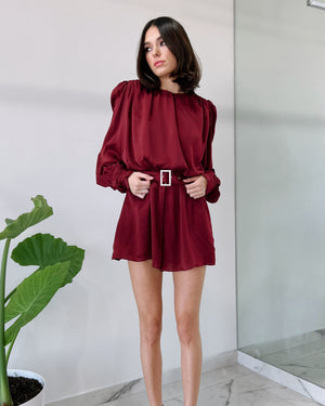 Wine Satin Basic Romper