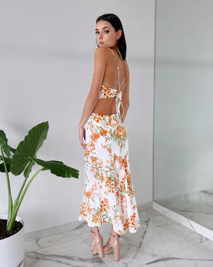 White Floral Open Back Detail Midi Dress