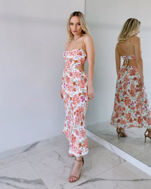 Orange Floral Open Back Midi Dress