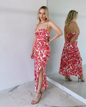 Red Floral Open Back Midi Dress