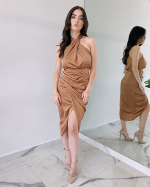 Coffee Halter Silk Midi Dress