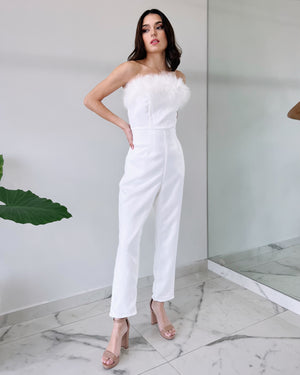 White Strapless Feather Jumpsuit