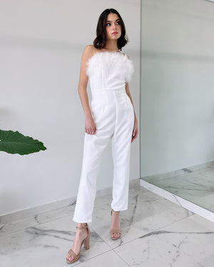 White Strapless Feather Jumpsuit