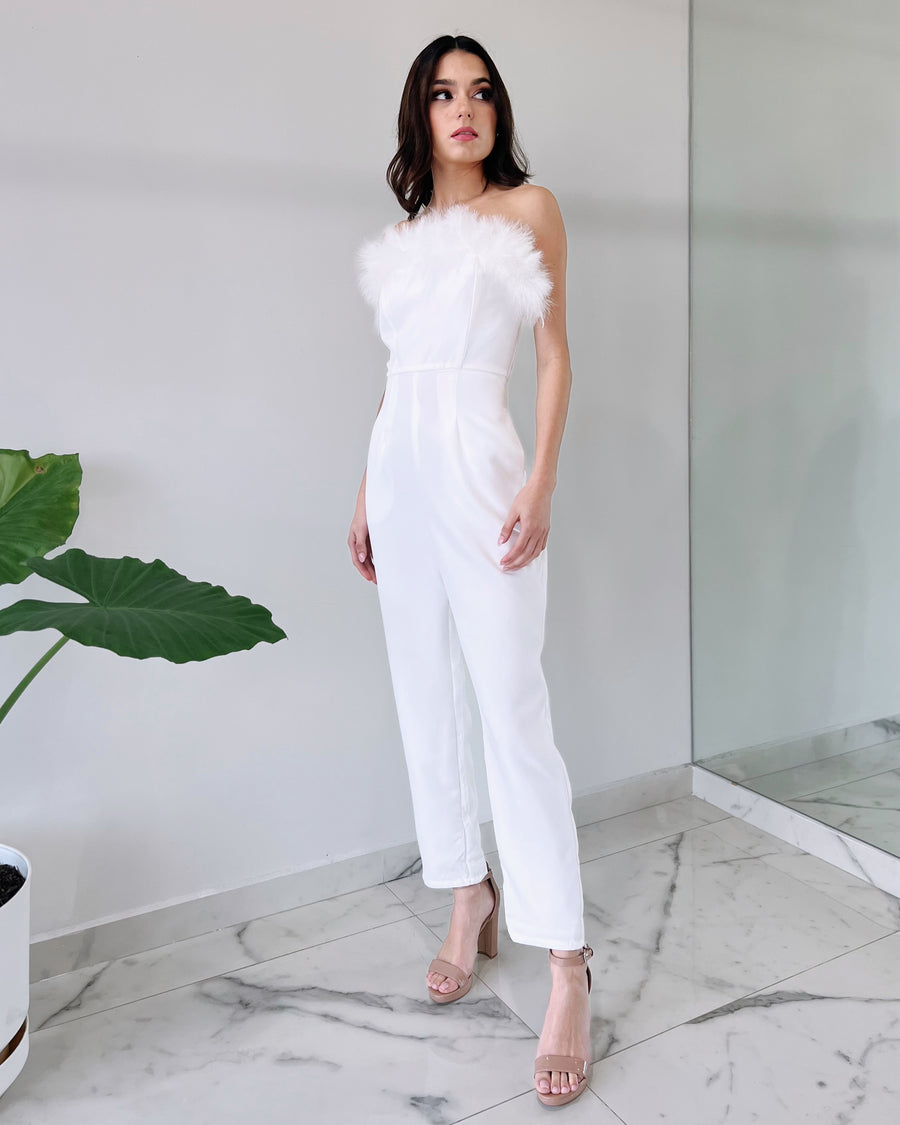 White Strapless Feather Jumpsuit