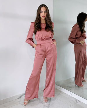 Pink Silk Long Sleeve Jumpsuit