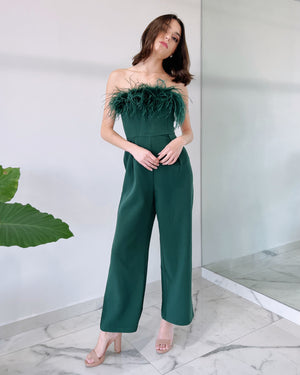 Green Strapless Feathers Jumpsuit