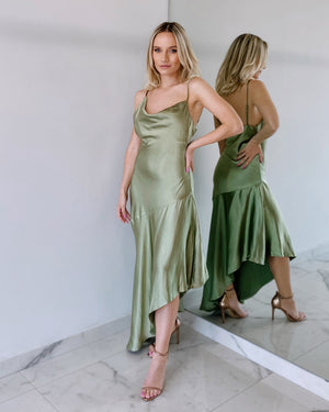 Olive Assymmetric Silk Midi Dress