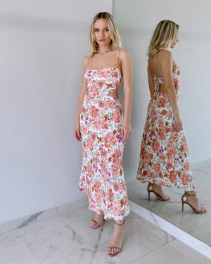 Orange Floral Open Back Midi Dress