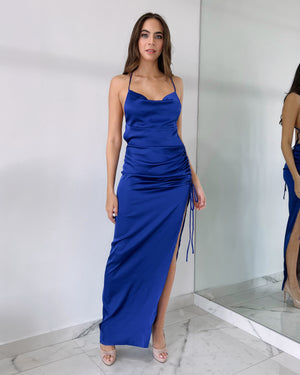 Blue Silk Open Back Gown Dress