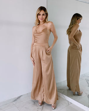 Nude Chain Detail Silk Jumpsuit