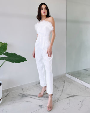 White Strapless Feather Jumpsuit