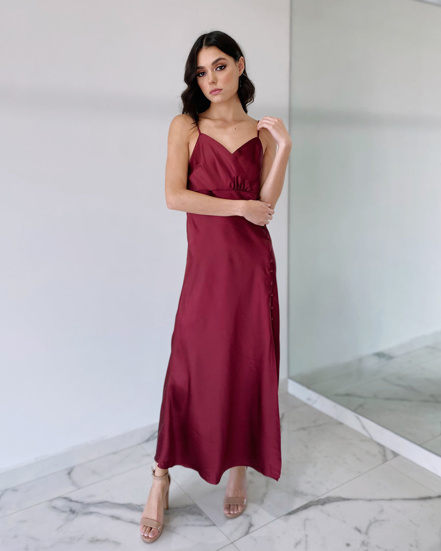 Wine Button Front Midi Dress