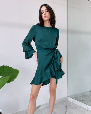 Forest Green Open Back Silk Short Dress