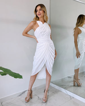 White Neck Detail Midi Dress