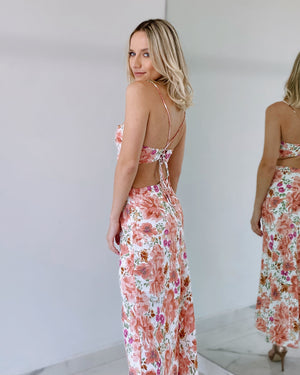 Orange Floral Open Back Midi Dress