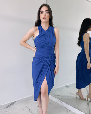 Blue Neck Detail Midi Dress