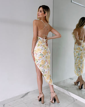 Yellow Floral Open Back Midi Dress