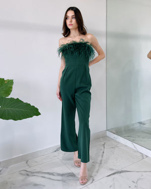 Green Strapless Feathers Jumpsuit
