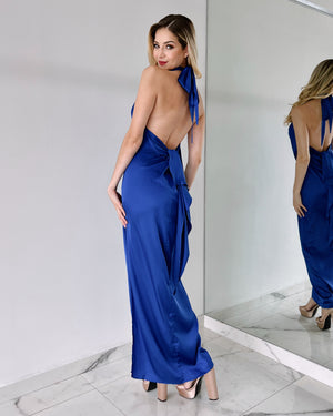 Blue Silk Open Back Gown Dress