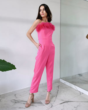 Hot Pink Strapless Feathers Jumpsuit