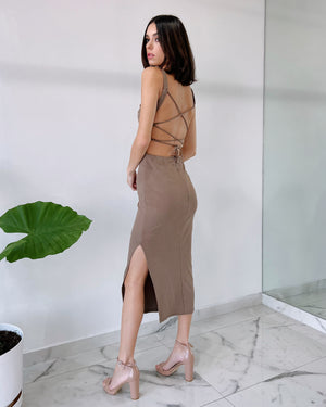 Mocha Open Back Bodycon Midi Dress