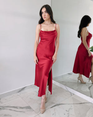 Red Silk Midi Dress