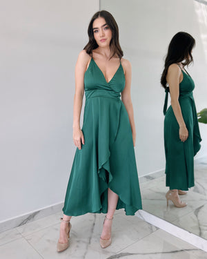 Forest Green Silk Midi Dress