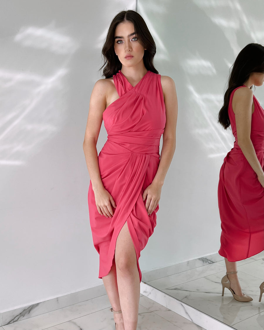 Pink Neck Detail Midi Dress