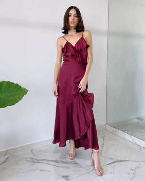 Wine Ruffle Silk Midi Dress