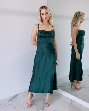 Forest Green Silk Midi Dress