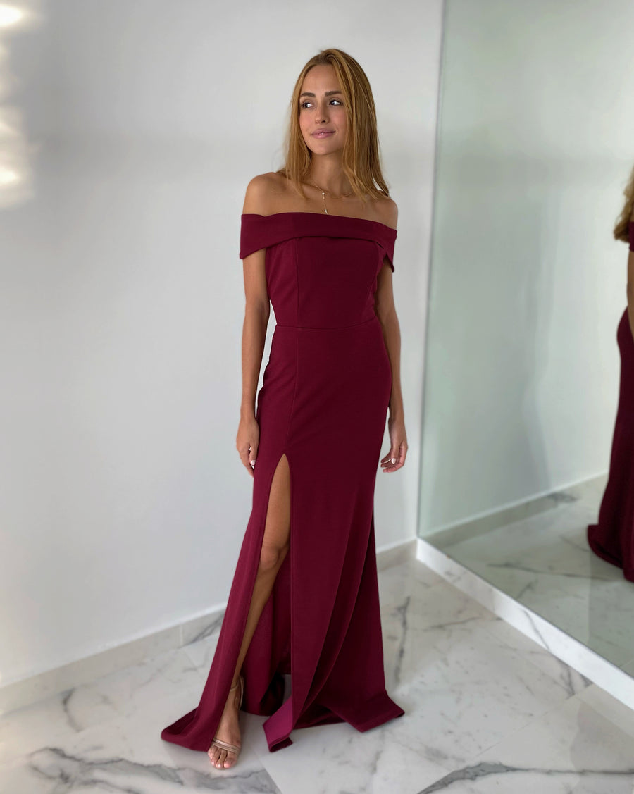 Basic Off Shoulder Wine Gown Dress