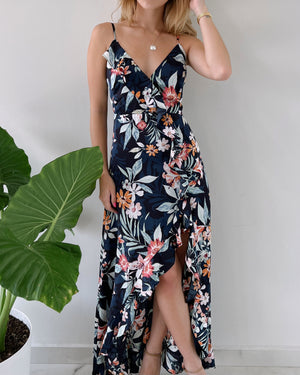 Navy Floral Silk Short Long Dress