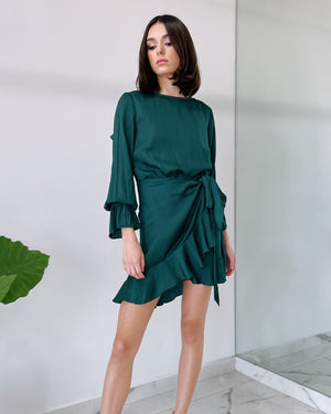 Forest Green Open Back Silk Short Dress