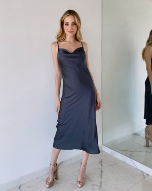 Navy Plain Silk Midi Dress