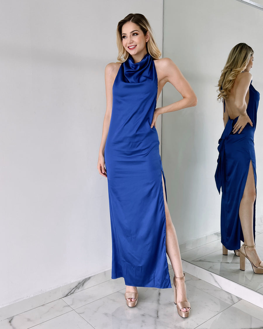Blue Silk Open Back Gown Dress