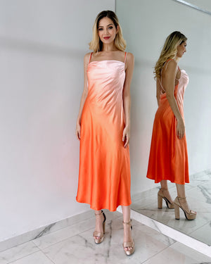 Orange Silk Open Back Midi Dress