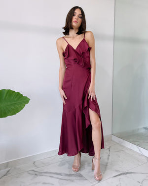 Wine Ruffle Silk Midi Dress