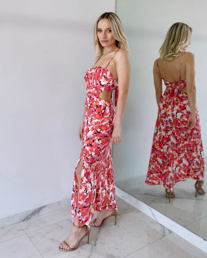 Red Floral Open Back Midi Dress