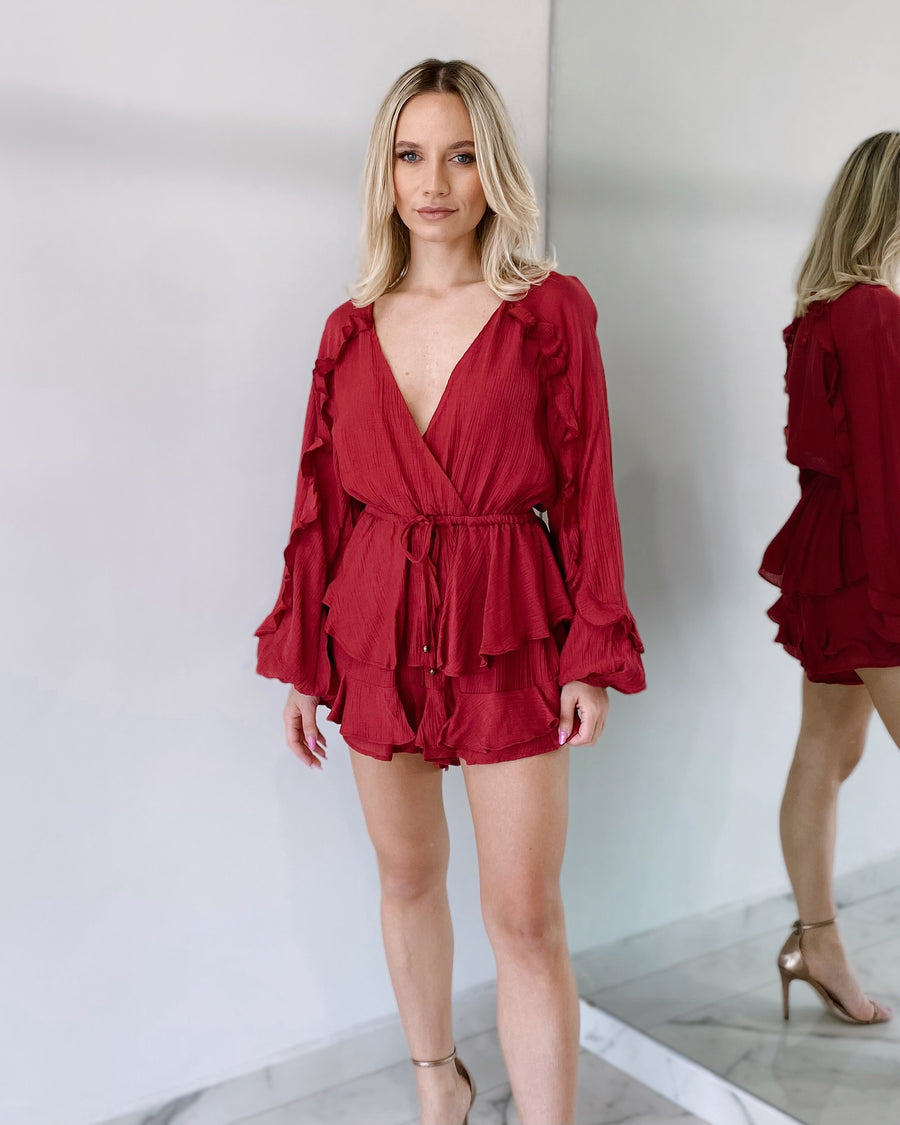 Wine V Neck Romper