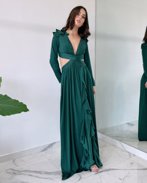 Forest Green V Neck Gown Dress