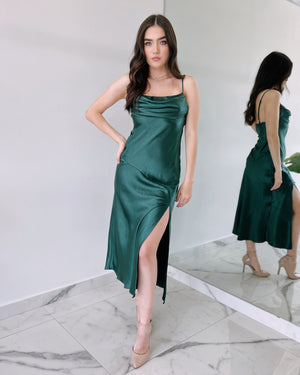 Forest Green Silk Midi Dress