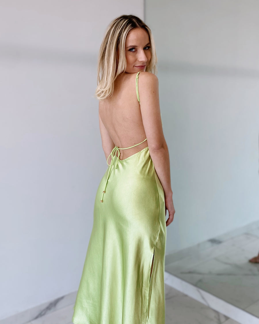 Lime Open Back Silk Midi Dress