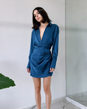 Teal V Neck Silk Short Dress