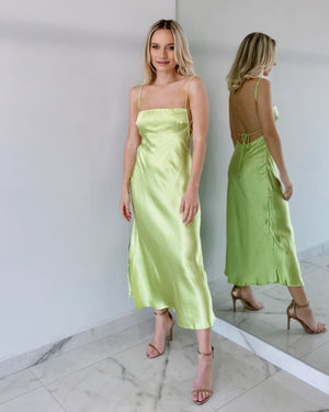 Lime Open Back Silk Midi Dress