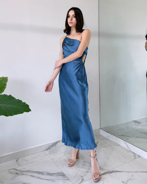 Blue Open Detail Silk Midi Dress