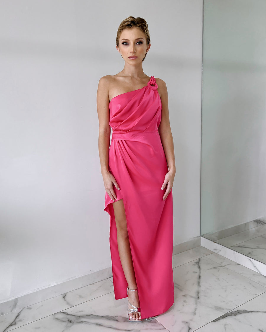 Hot Pink One Shoulder Ring Maxi Dress