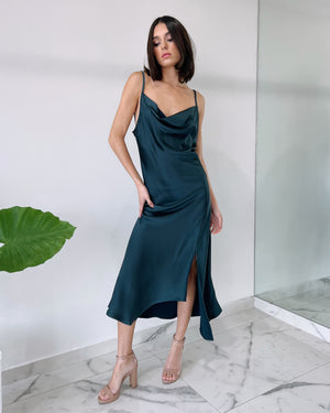 Green Basic Silk Midi Dress